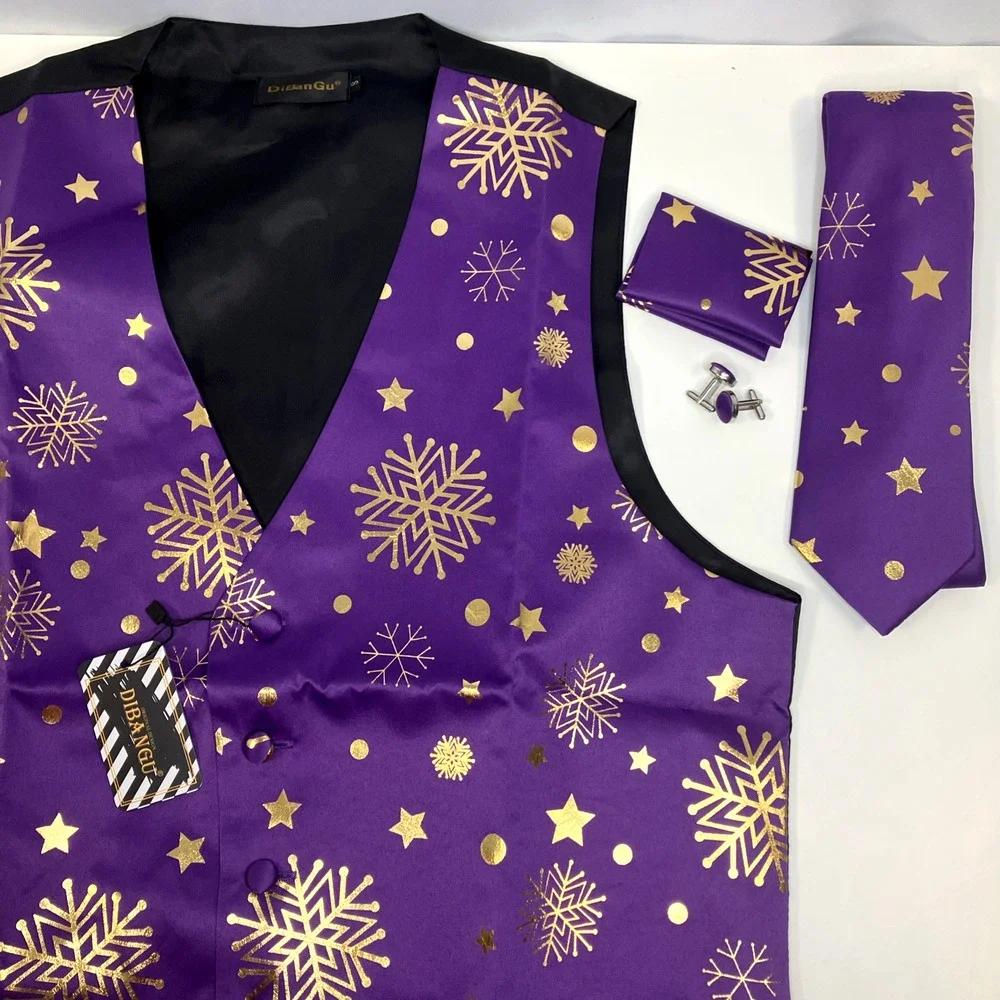 Christmas Men's Suit Vest Tie Set Formal Waistcoat Tuxedo Purple Festive sz S
